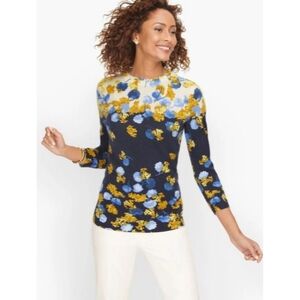Talbots Cashmere Audrey Blue Yellow Floral Sweater